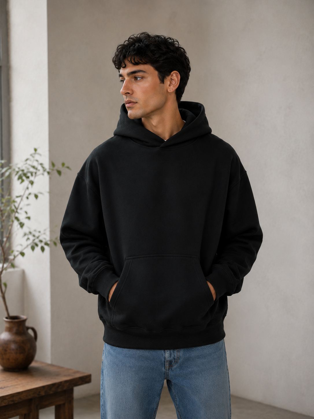 Black oversized hoodie with denim