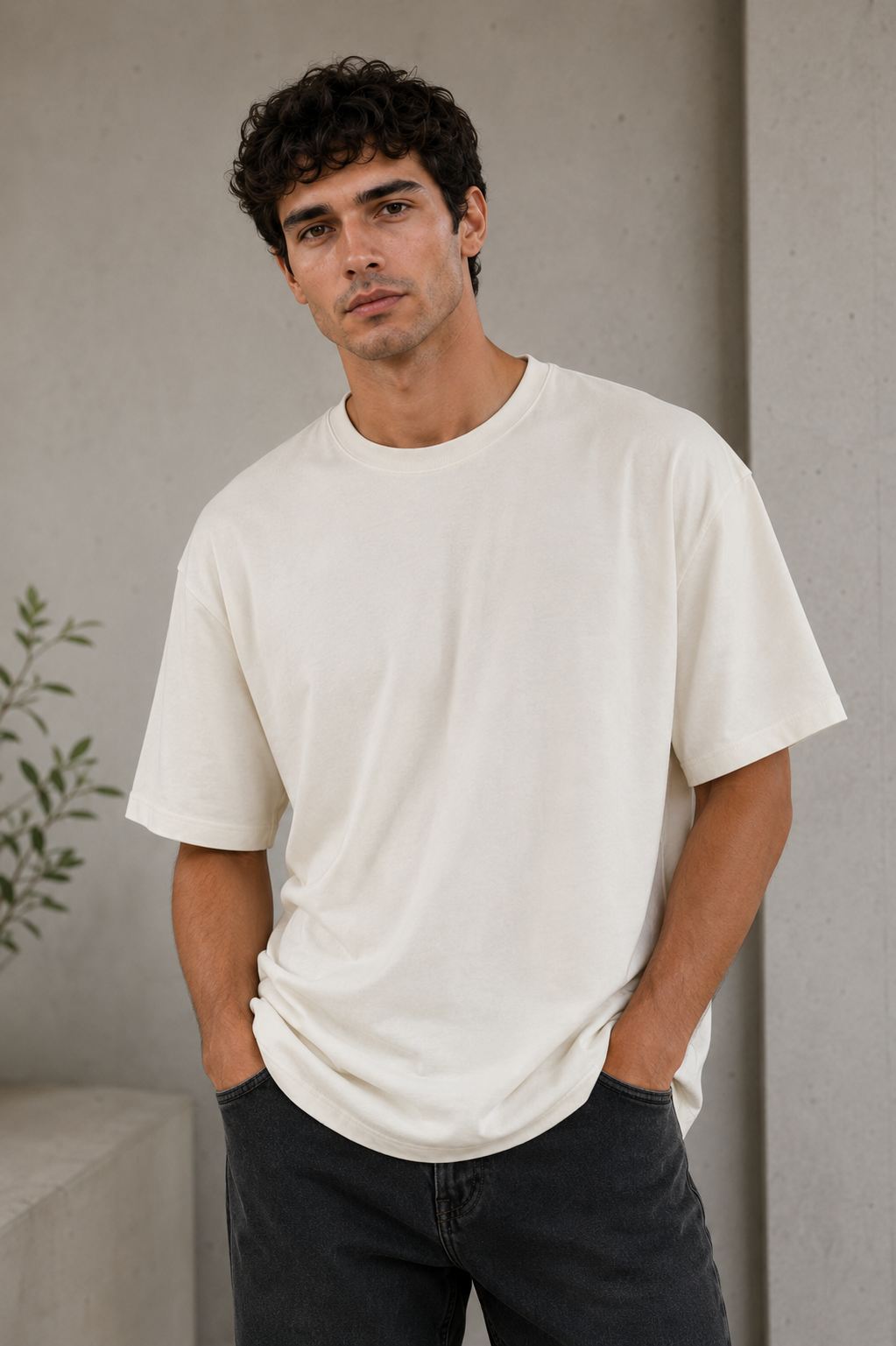 Oversized off-white tee with dark denim
