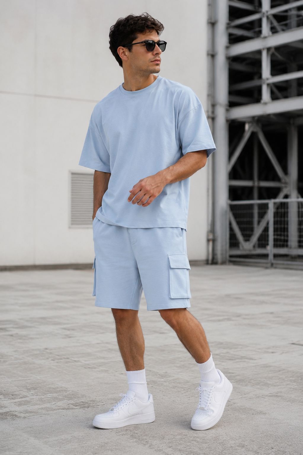 Light blue tee and cargo shorts co-ord set